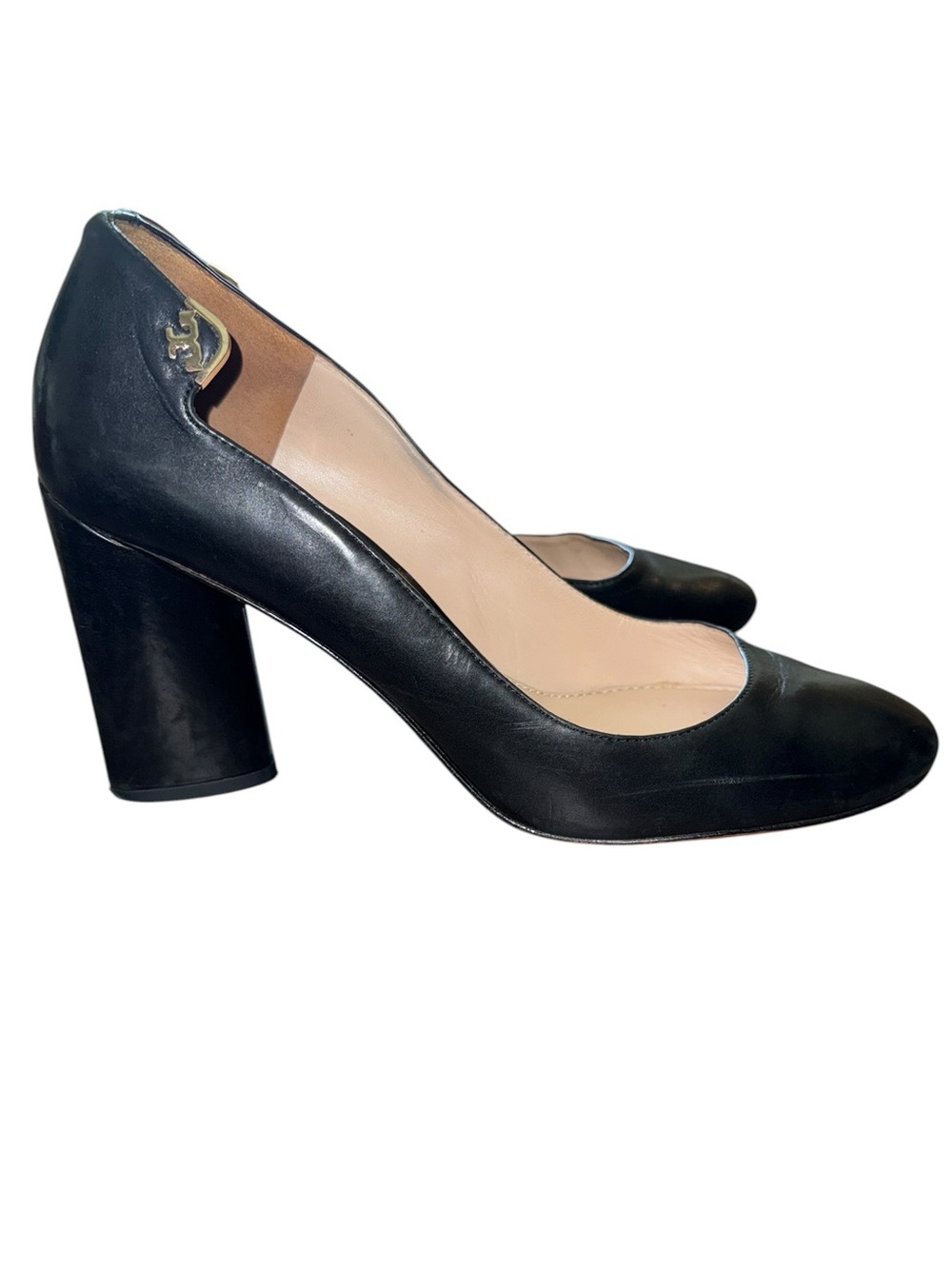 Tory Burch Black Leather Elizabeth 4” Block heel Pumps Size 9.5 Gold Tone Hw - Picture 2 of 10